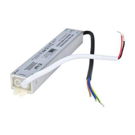 LYYT 24V DC 45W IP67 waterproof LED power supply by AVSL with sealed aluminium casing, input and output flying leads, shown on a white background.