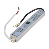 LYYT 60W 24V DC LED power supply by AVSL in a slimline aluminium IP67 housing with pre-wired input and output cable tails, on a white background.
