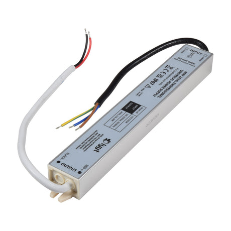 LYYT 60W 24V DC LED power supply by AVSL in a slimline aluminium IP67 housing with pre-wired input and output cable tails, on a white background.
