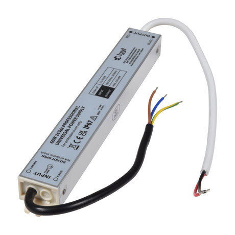 LYYT 60W 24V DC LED power supply by AVSL with slimline white IP67 housing, pre-wired input and output cable tails, shown on a plain background.