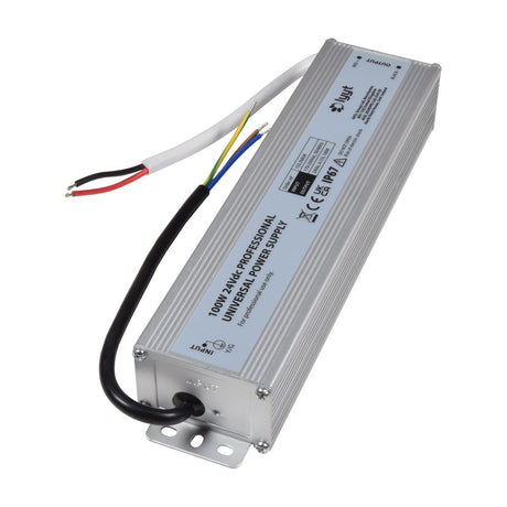 LYYT PS100-24 IP67 24Vdc 100W professional power supply in a sealed aluminium housing with input and output leads, shown on a white background.