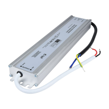 LYYT 150W 24V DC IP67 waterproof power supply in ribbed aluminium enclosure with input and red and black output leads, on a white background.