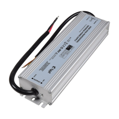 LYYT 200W 24V DC LED power supply by AVSL in a ribbed aluminium IP67 enclosure with dual output cables and mounting brackets, on a white background.