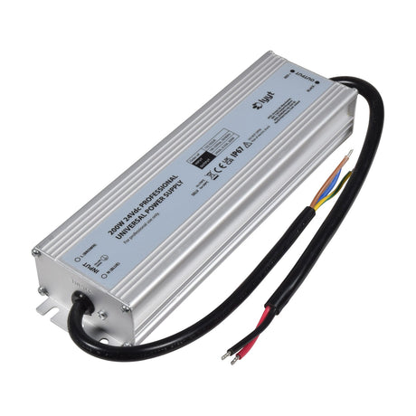 LYYT 200W 24V DC LED power supply by AVSL with ribbed aluminium IP67 enclosure, black input cable and dual red and black output feeds.