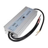 LYYT 24V DC 250W IP67 power supply by AVSL with ribbed aluminium enclosure, black input and output cables with exposed wires, on a white background.