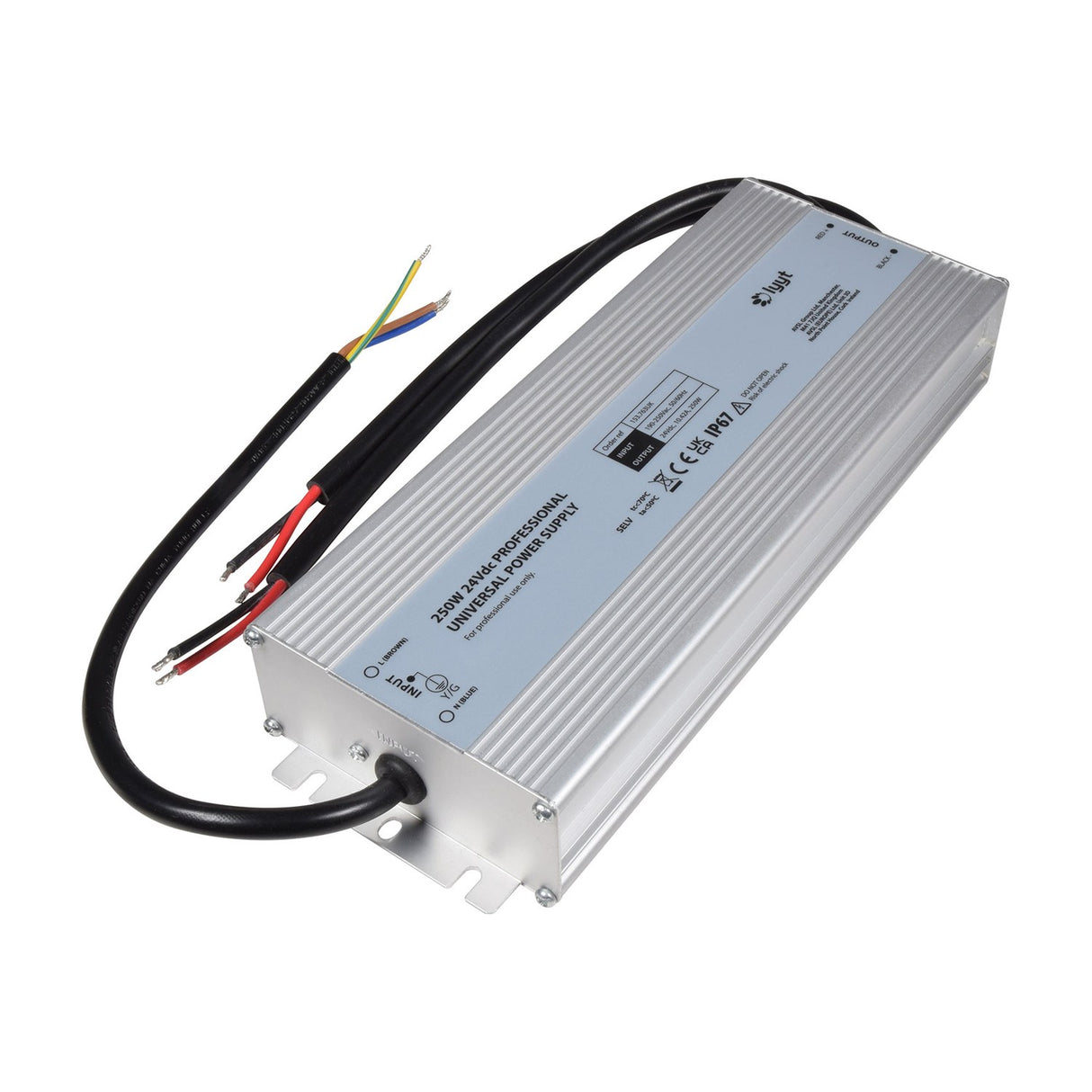 LYYT 24V DC 250W IP67 power supply by AVSL in a ribbed aluminium enclosure with black input and output cables on a plain white background.
