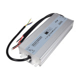 LYYT 24V DC 250W IP67 power supply by AVSL in a ribbed aluminium enclosure with black input and output cables on a plain white background.
