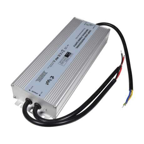 LYYT 24V DC 300W IP67 weatherproof LED power supply by AVSL in a ribbed aluminium case with input and output cables, shown on a white background.