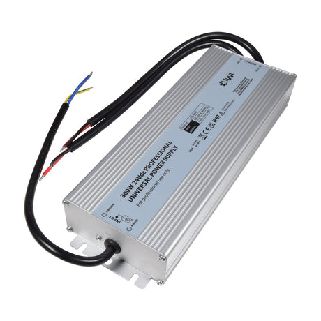 LYYT 300W 24V DC LED power supply by AVSL in a ribbed aluminium IP67 enclosure with input and output cables exiting each end, on a white background.
