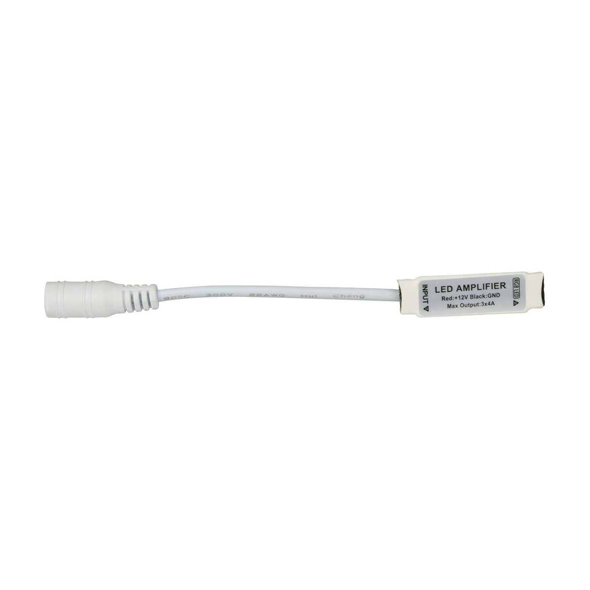 LYYT in-line RGB LED strip amplifier by AVSL with white casing, DC jack socket input, and short wire tails, shown on a plain white background.