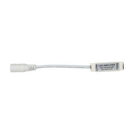 LYYT in-line RGB LED strip amplifier by AVSL with white casing, DC jack socket input, and short wire tails, shown on a plain white background.