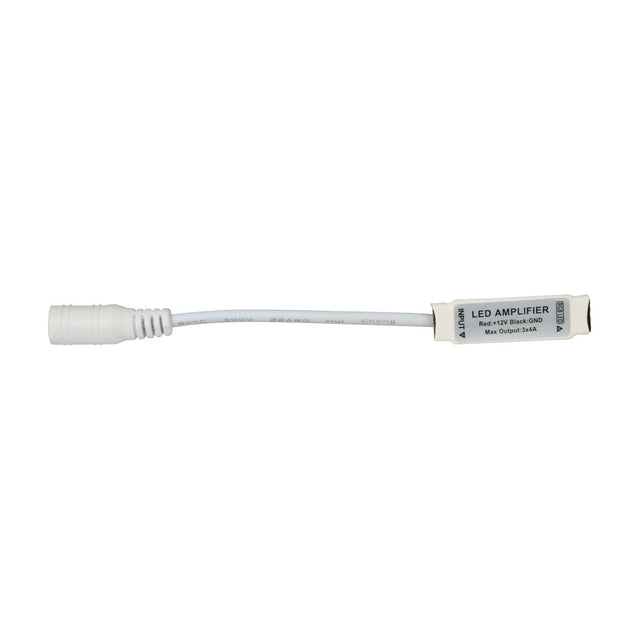 LYYT in-line RGB LED strip amplifier by AVSL with white casing, DC jack socket input, and short wire tails, shown on a plain white background.
