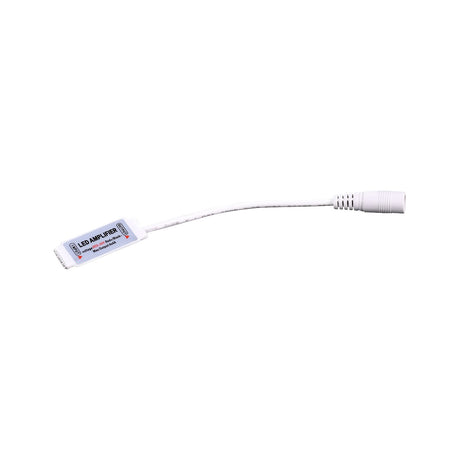 LYYT in-line RGBW LED strip amplifier by AVSL with white casing, 5-pin input port and DC output connector on wire tails, shown on a plain background.