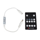 LYYT RF 1-colour LED controller with white in-line dimmer unit, DC barrel connectors, and black 14-key RF remote on a plain white background.