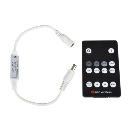 LYYT RF 1-colour LED controller with white in-line dimmer unit, DC barrel connectors, and black 14-key RF remote on a plain white background.