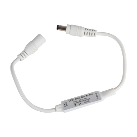 LYYT AVSL in-line LED mini controller with white casing, DC barrel plug and socket connectors, and printed 12–24V 6A label, on a white background.