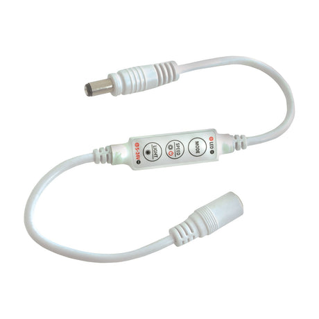 LYYT single colour LED strip inline controller by AVSL with three-button module for light, speed and mode, DC jack plug and socket, white cable.