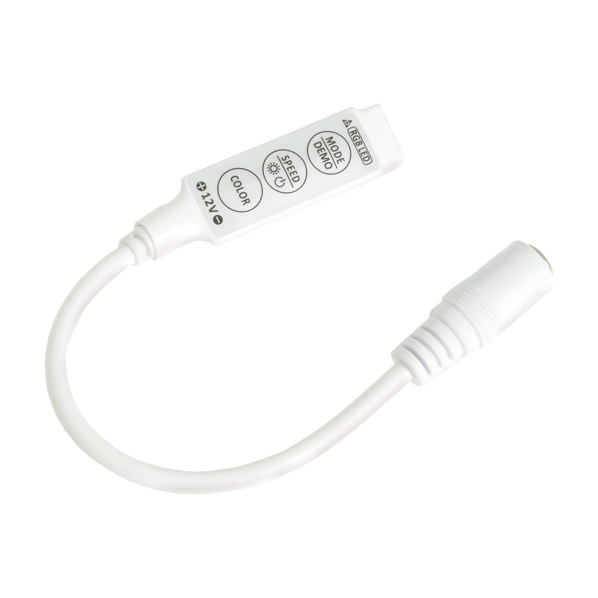 LYYT RGB LED strip controller by AVSL, small white in-line unit with three buttons for colour, speed and mode, DC jack input and RGB output leads.