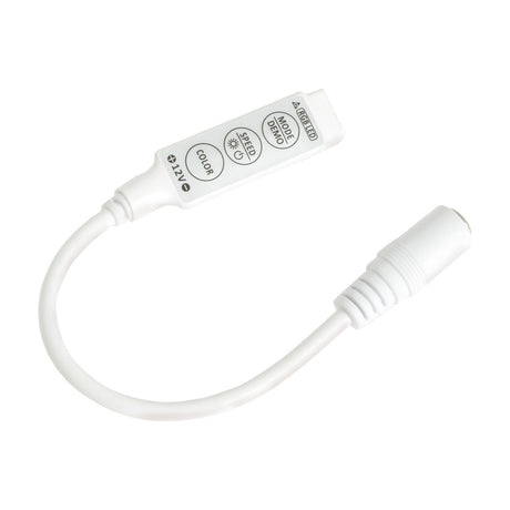 LYYT RGB LED strip controller by AVSL, small white in-line unit with three buttons for colour, speed and mode, DC jack input and RGB output leads.