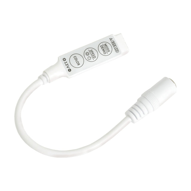 LYYT RGB LED strip controller by AVSL, small white in-line unit with three buttons for colour, speed and mode, DC jack input and RGB output leads.