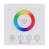 LYYT RGBW LED strip WiFi touch wall controller with white glass panel, circular rainbow colour ring, centre button, and RGB, B-/S-, B+/S+, C/W touch controls.