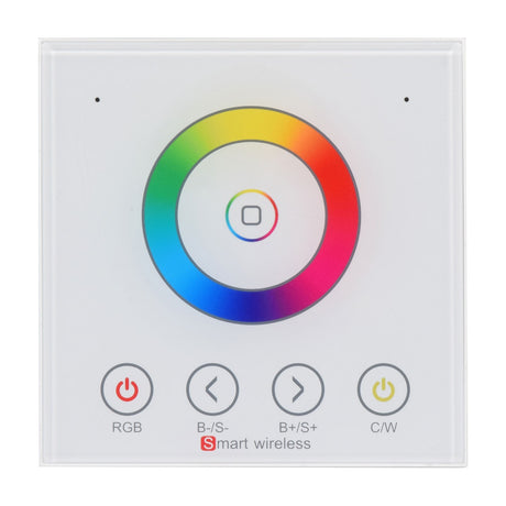 LYYT RGBW LED strip WiFi touch wall controller with white glass panel, circular rainbow colour ring, centre button, and RGB, B-/S-, B+/S+, C/W touch controls.