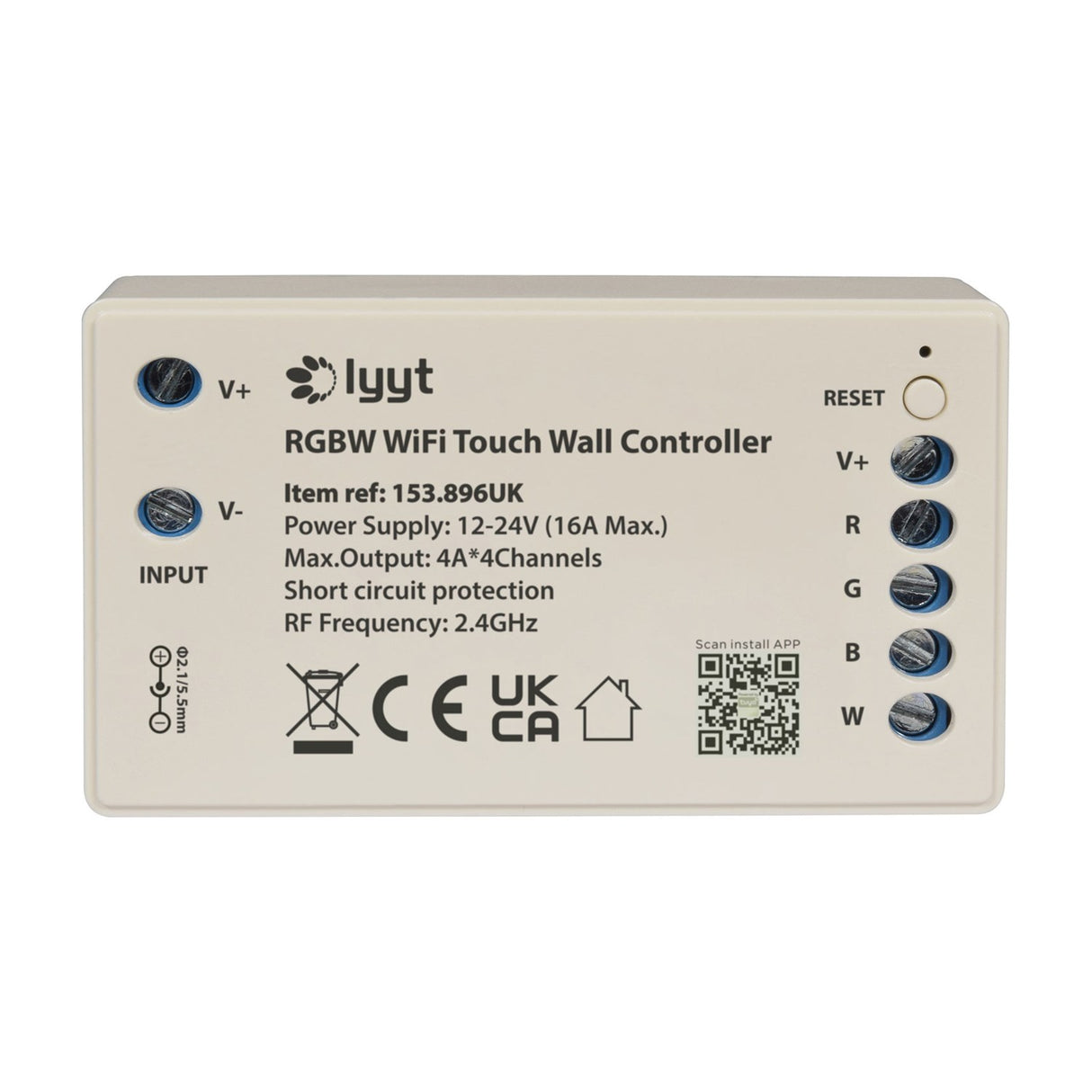 LYYT RGBW WiFi LED strip controller in white ABS casing with V+/V- input terminals, R/G/B/W output screws, reset button and QR code label.