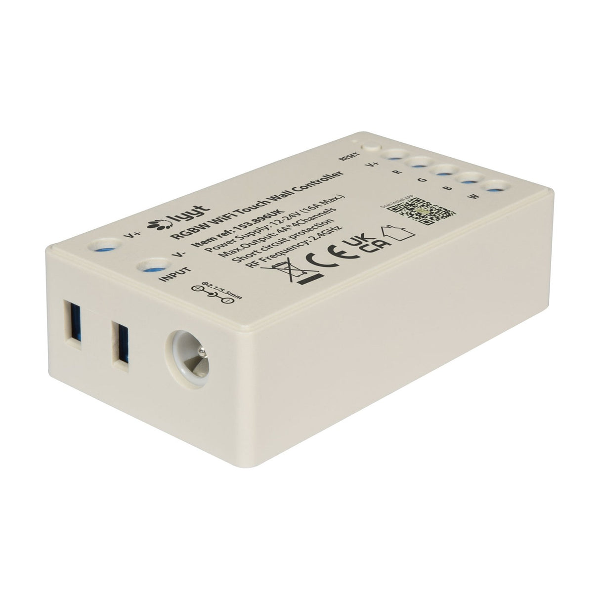 LYYT RGBW LED Strip WiFi Touch Wall Controller in white ABS casing with screw terminals, DC barrel input and reset button, on a plain background.