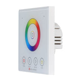 LYYT RGBW LED Strip WiFi Touch Wall Controller in white glass with circular colour wheel, centre button, and RGB, brightness, and C/W touch controls.