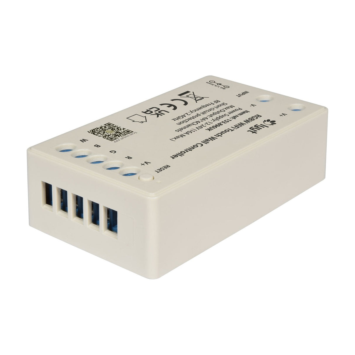 LYYT RGBW WiFi touch wall controller receiver module in white ABS casing with W/B/G/R/V+ screw terminals and reset button, on a plain background.