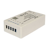 LYYT RGBW WiFi touch wall controller receiver module in white ABS casing with W/B/G/R/V+ screw terminals and reset button, on a plain background.