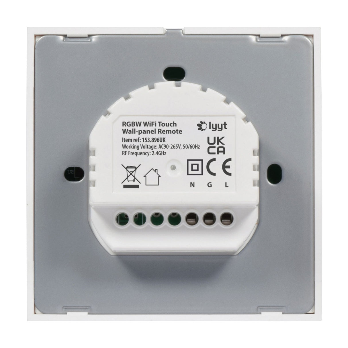 Rear view of the LYYT RGBW WiFi Touch Wall Controller showing the white ABS module, product label, and N/G/L screw terminals on a light grey backplate.