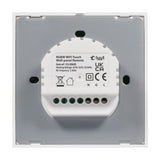 Rear view of the LYYT RGBW WiFi Touch Wall Controller showing the white ABS module, product label, and N/G/L screw terminals on a light grey backplate.