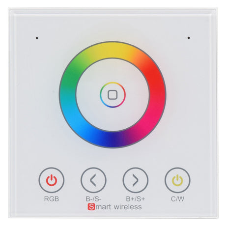 Introducing the LYYT RGBW LED Strip Wifi Touch Wall Controller, a sophisticated smart wireless touch panel designed for wall mounting. It features a circular color wheel for intuitive RGB lighting adjustments and is surrounded by four functional buttons: power, brightness decrease, brightness increase, and mode selection. The device is set against a sleek white background and supports voice control for effortless operation.