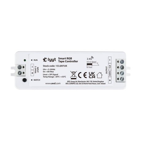 LYYT Smart RGB Tape Controller by AVSL, compact white unit with screw terminal inputs and outputs for data, clock and power, on a plain background.