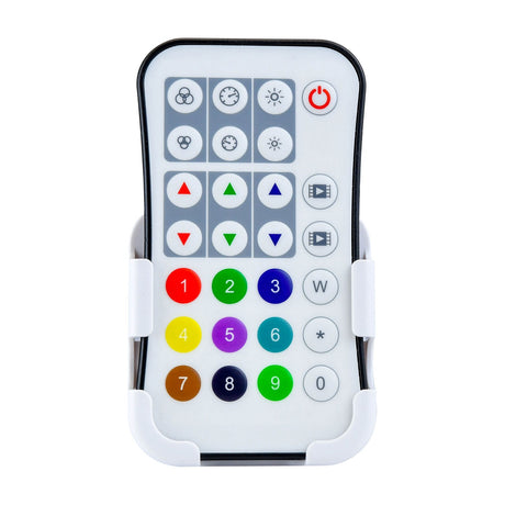 LYYT Smart RGB Tape Controller remote with 26 buttons, coloured numbered presets, RGB arrows, mode icons and red power key on a white background.