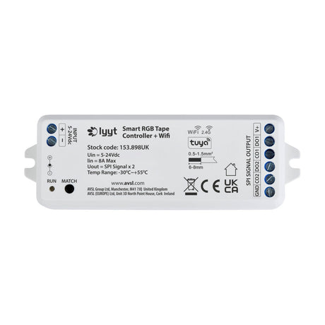 LYYT Smart RGB Tape Controller with WiFi and Tuya by AVSL, white compact unit with input and SPI signal output terminals, RUN and MATCH controls.