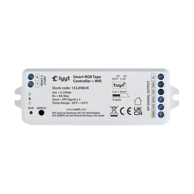 LYYT Smart RGB Tape Controller with WiFi and Tuya by AVSL, white compact unit with input and SPI signal output terminals, RUN and MATCH controls.