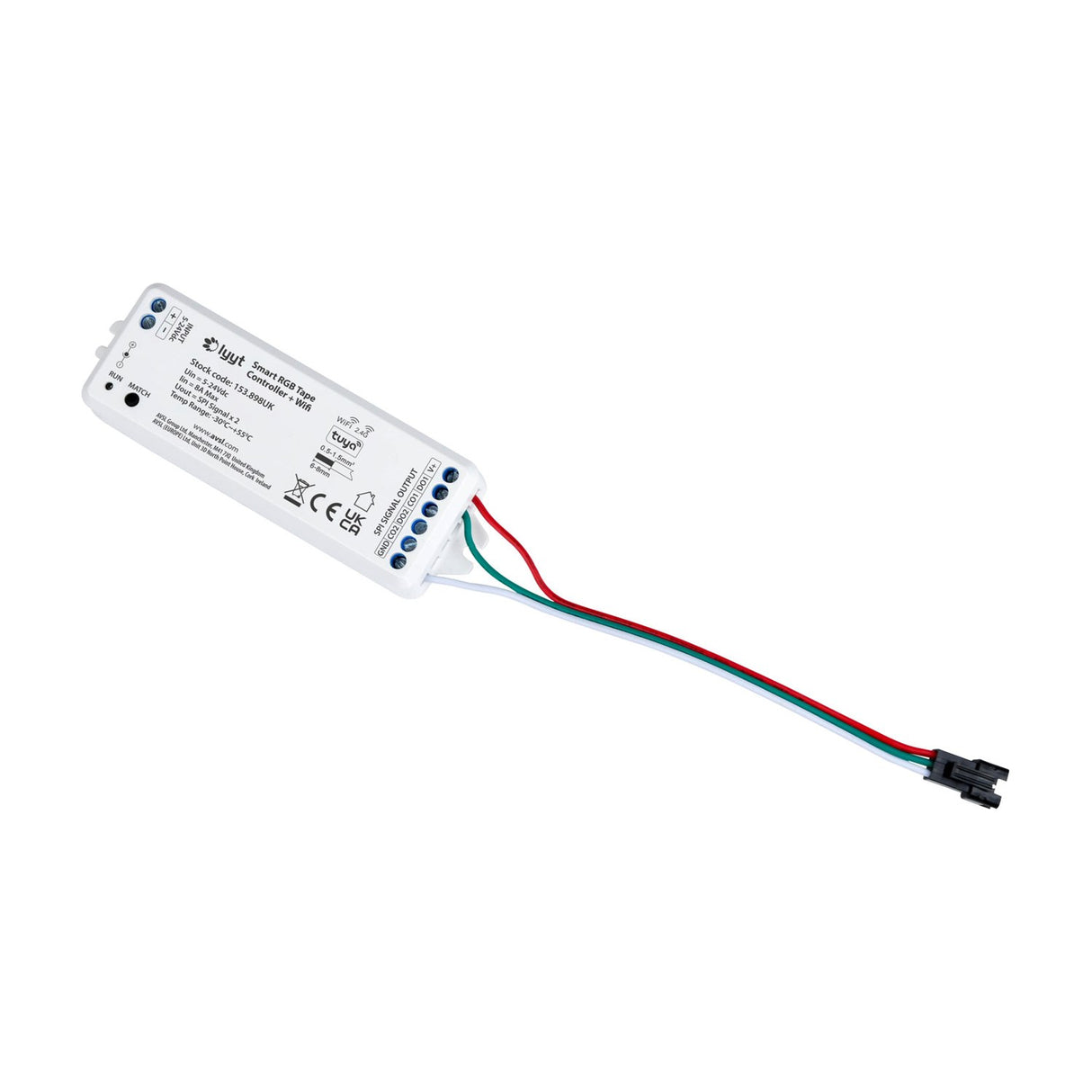 LYYT Smart RGB Tape Controller with WiFi and Tuya by AVSL, compact white unit with SPI signal output leads and black connector, shown on a plain background.