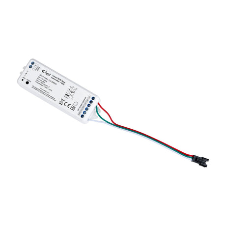 LYYT Smart RGB Tape Controller with WiFi and Tuya by AVSL, compact white unit with SPI signal output leads and black connector, shown on a plain background.