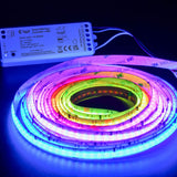 AVSL LYYT Smart RGB Tape Controller with WiFi and Tuya, white unit with SPI outputs, shown above a coiled RGB LED strip lit in multicolour.