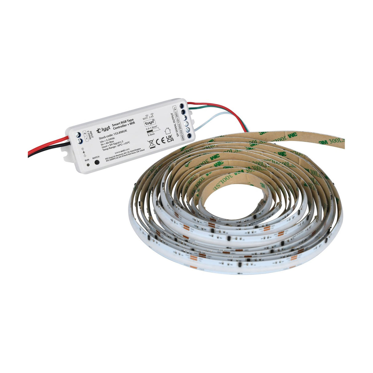LYYT Smart RGB Tape Controller with WiFi and Tuya by AVSL, shown with wired white module and coiled RGB LED strip with 3M adhesive backing.