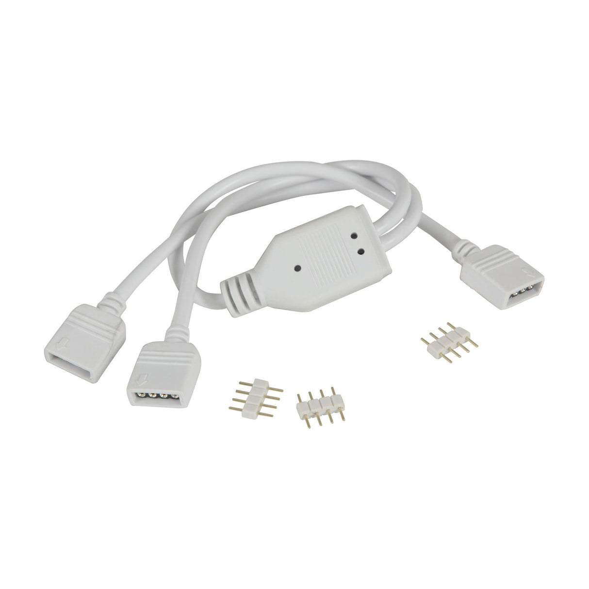 LYYT RGB LED strip Y-splitter lead with 4-pin connectors, white PVC cable, junction box, and four spare pin headers on a plain white background.