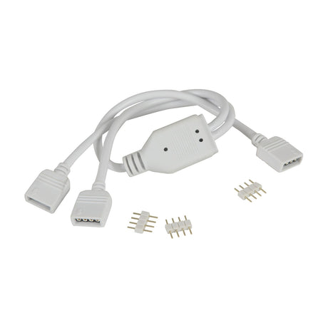 LYYT RGB LED strip Y-splitter lead with 4-pin connectors, white PVC cable, junction box, and four spare pin headers on a plain white background.