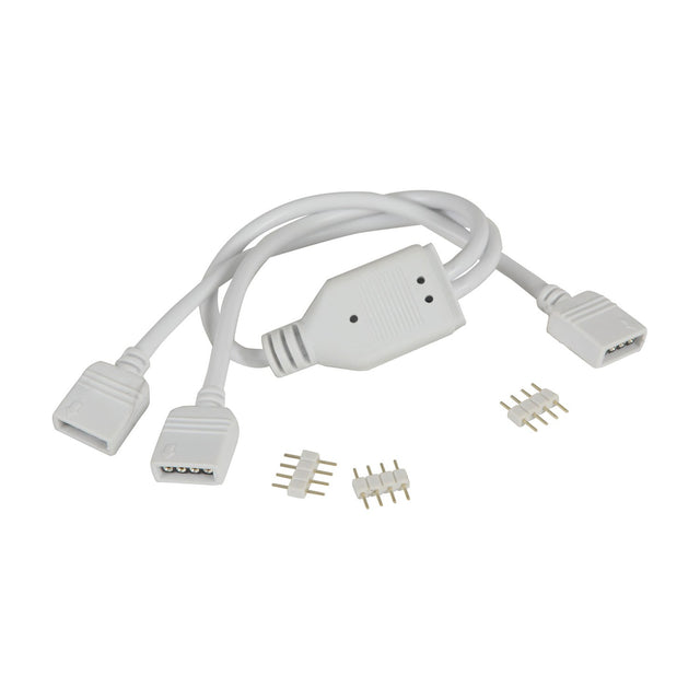 LYYT RGB LED strip Y-splitter lead with 4-pin connectors, white PVC cable, junction box, and four spare pin headers on a plain white background.