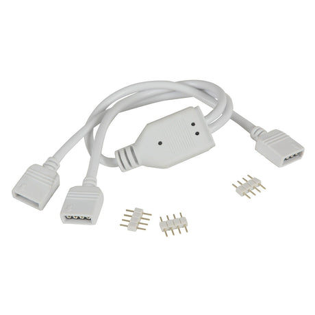 A LYYT RGB LED Strip Y-Splitter Lead featuring a cable with two connecting ports and three small 4-pin connectors, is displayed on a white background.