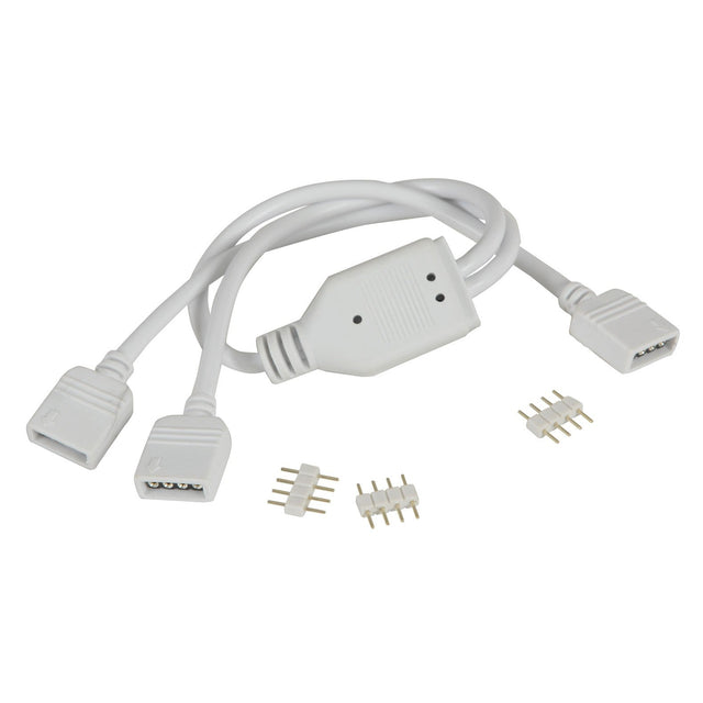 A LYYT RGB LED Strip Y-Splitter Lead featuring a cable with two connecting ports and three small 4-pin connectors, is displayed on a white background.