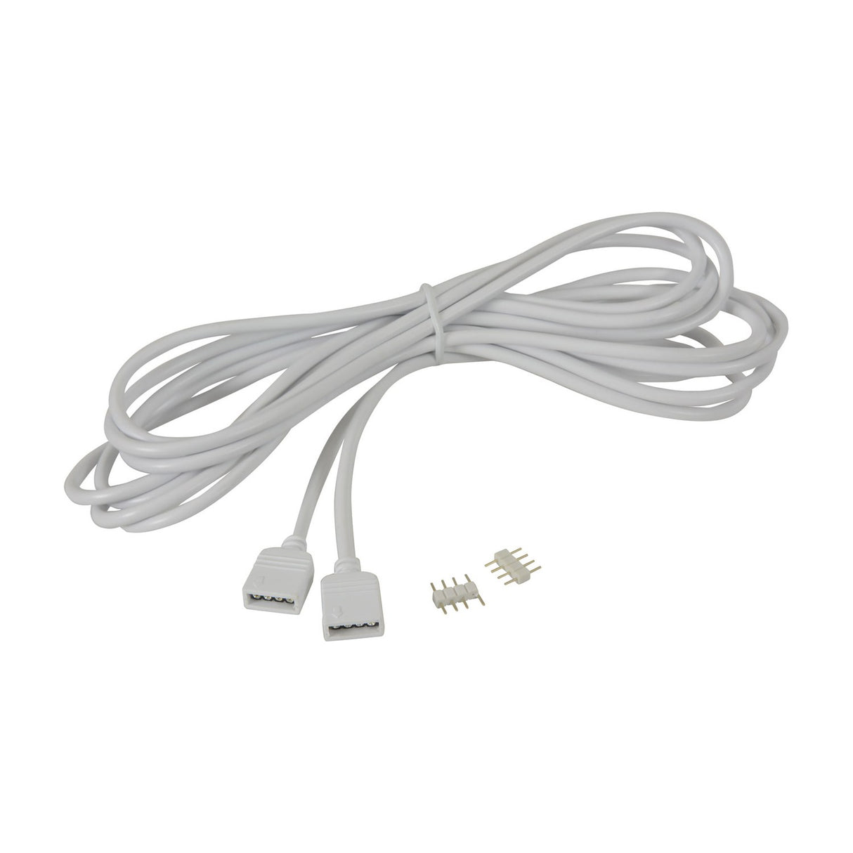 LYYT 3m RGB LED strip extension lead by AVSL, coiled white cable with two 4-pin female connectors and spare male pin adaptors on a white background.