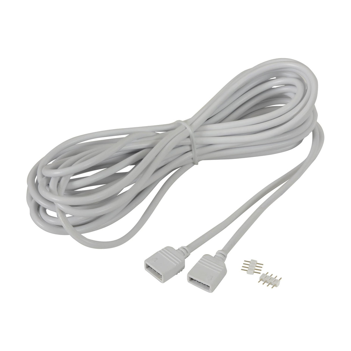 LYYT 5m RGB LED strip extension lead by AVSL, coiled grey cable with two 4-pin female connectors and two spare male pin connectors on a white background.