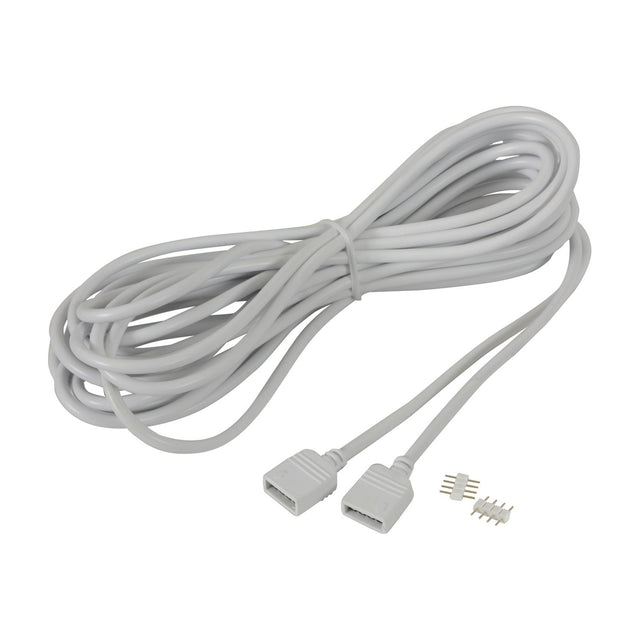 LYYT 5m RGB LED strip extension lead by AVSL, coiled grey cable with two 4-pin female connectors and two spare male pin connectors on a white background.